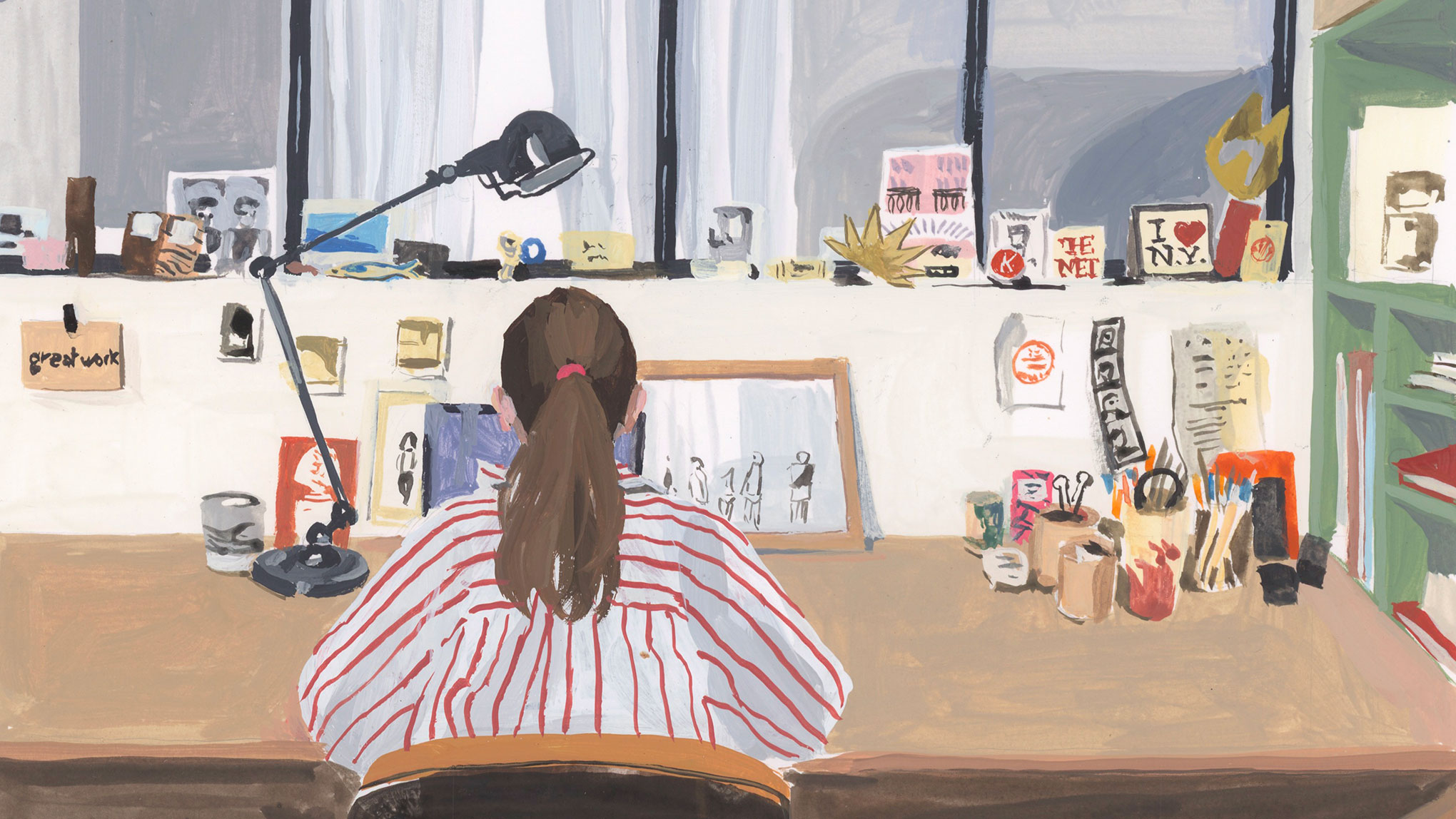Illustration d'une créatrice au travail dans son atelier, entourée de dessins et d'objets inspirants